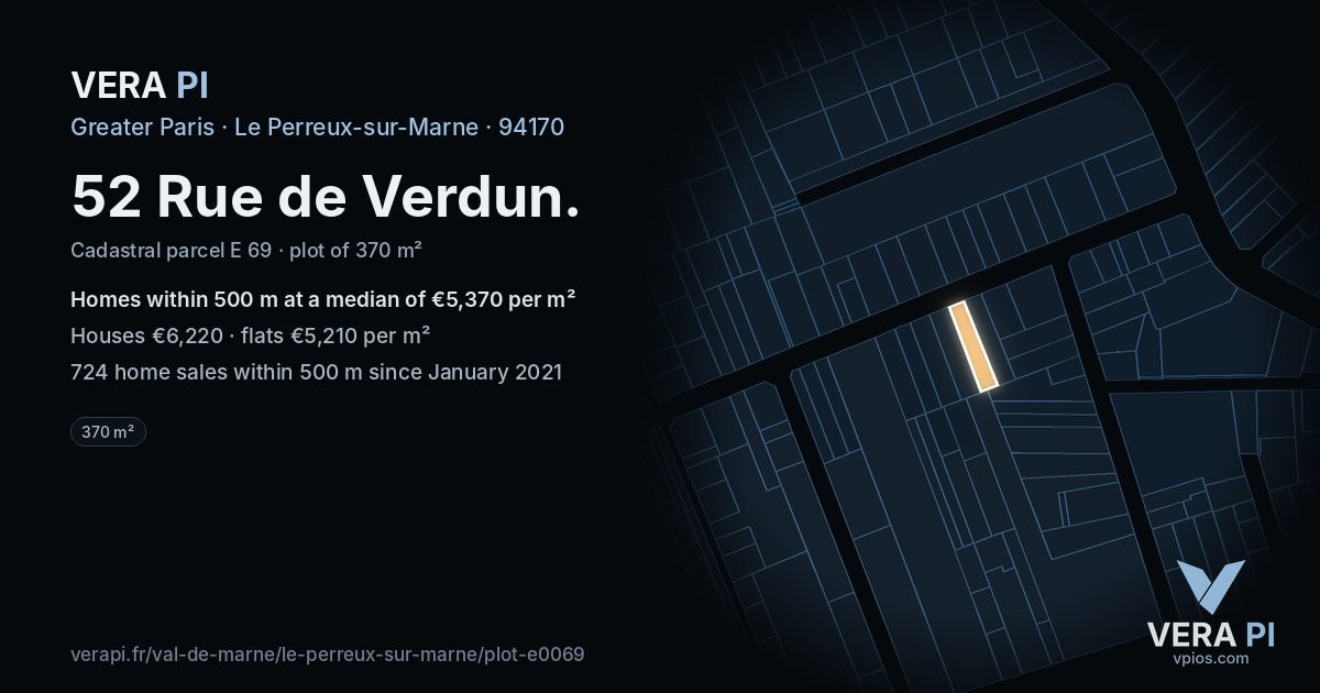 52 Rue de Verdun, Le Perreux-sur-Marne at night – the plot lit, the parcels around coloured by the prices near them