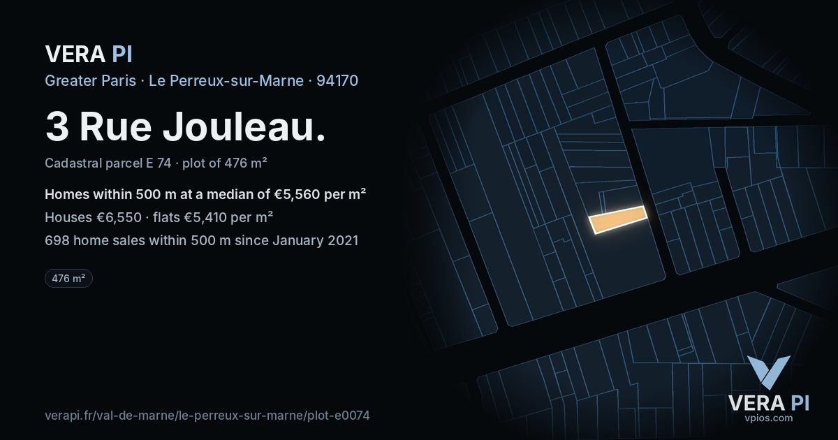 3 Rue Jouleau, Le Perreux-sur-Marne at night – the plot lit, the parcels around coloured by the prices near them