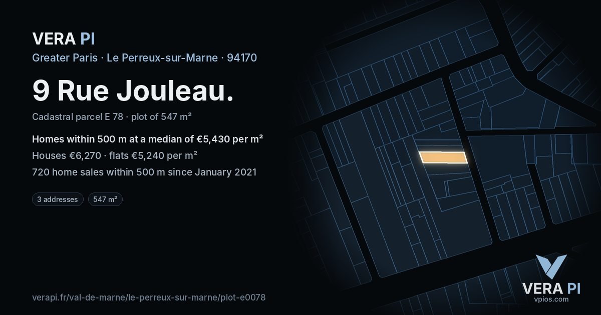 9 Rue Jouleau, Le Perreux-sur-Marne at night – the plot lit, the parcels around coloured by the prices near them