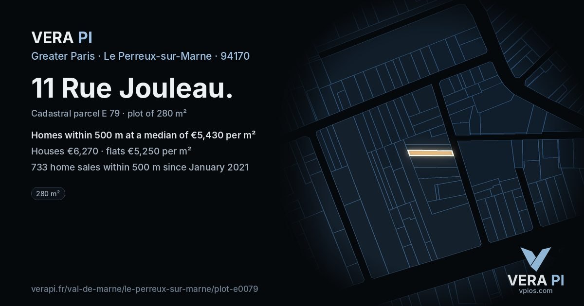 11 Rue Jouleau, Le Perreux-sur-Marne at night – the plot lit, the parcels around coloured by the prices near them