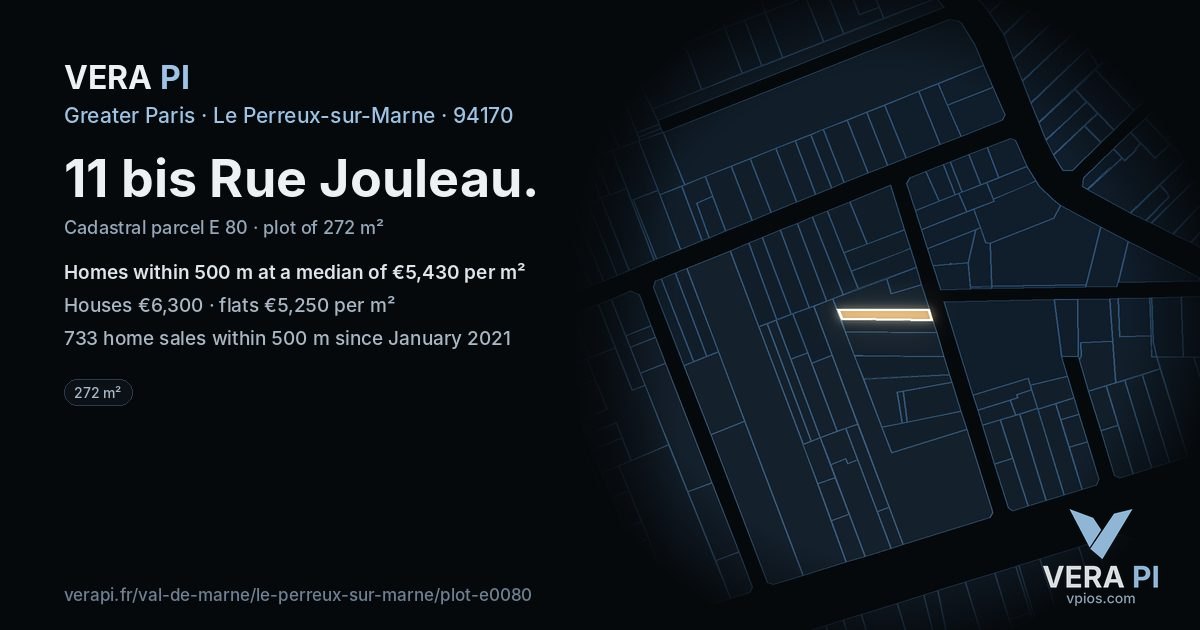 11 bis Rue Jouleau, Le Perreux-sur-Marne at night – the plot lit, the parcels around coloured by the prices near them