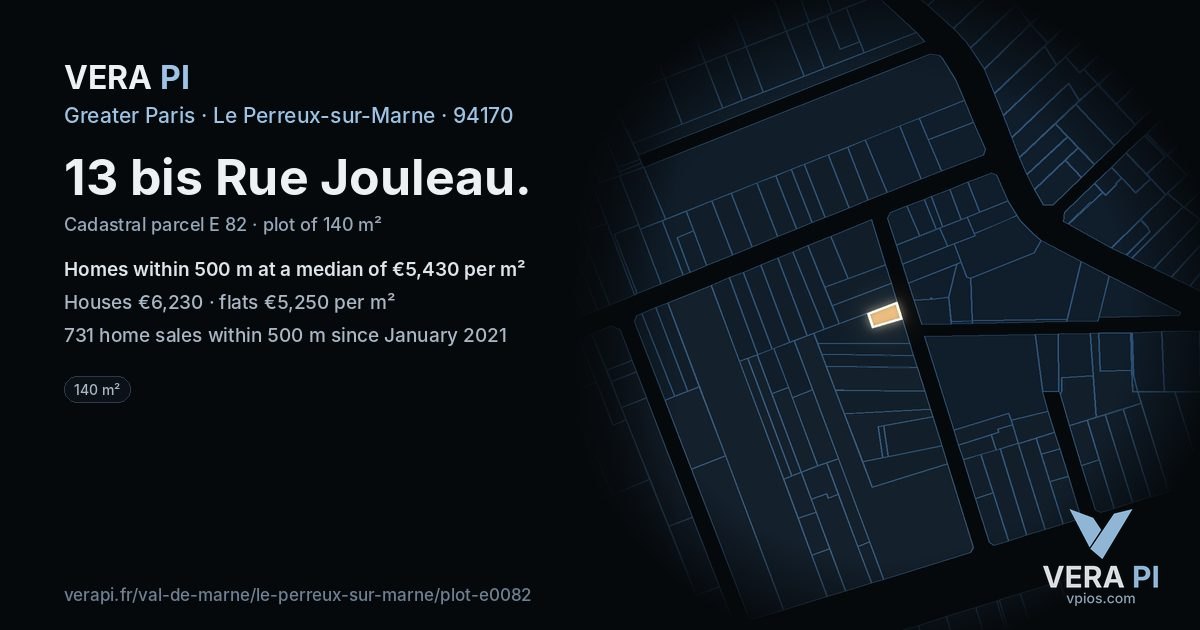 13 bis Rue Jouleau, Le Perreux-sur-Marne at night – the plot lit, the parcels around coloured by the prices near them