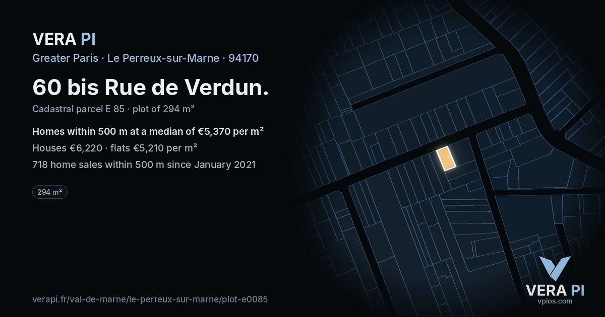 60 bis Rue de Verdun, Le Perreux-sur-Marne at night – the plot lit, the parcels around coloured by the prices near them
