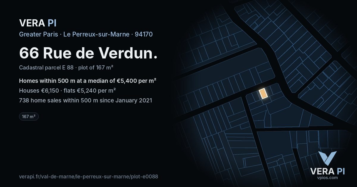 66 Rue de Verdun, Le Perreux-sur-Marne at night – the plot lit, the parcels around coloured by the prices near them