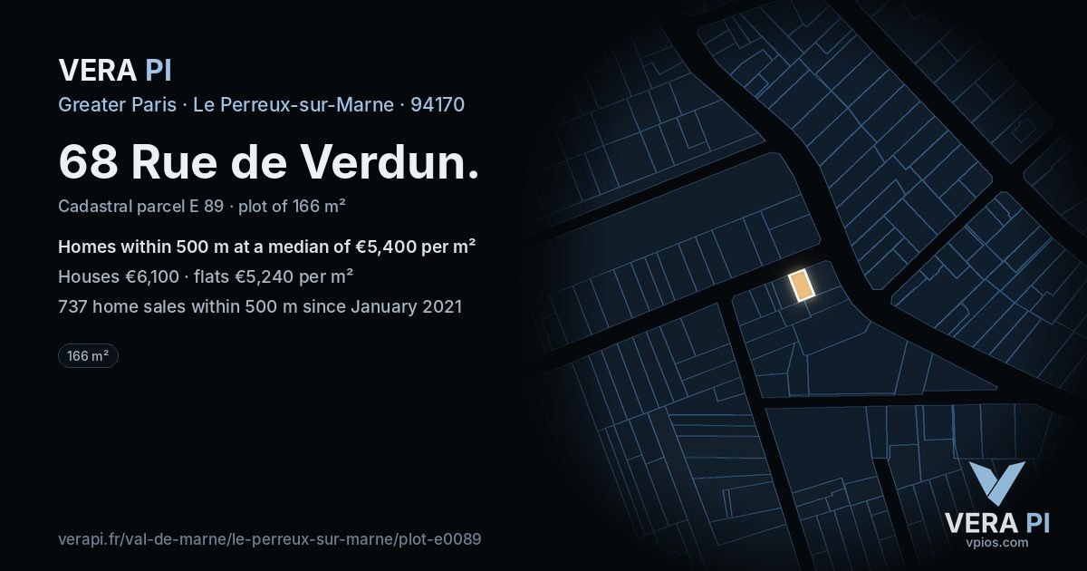 68 Rue de Verdun, Le Perreux-sur-Marne at night – the plot lit, the parcels around coloured by the prices near them