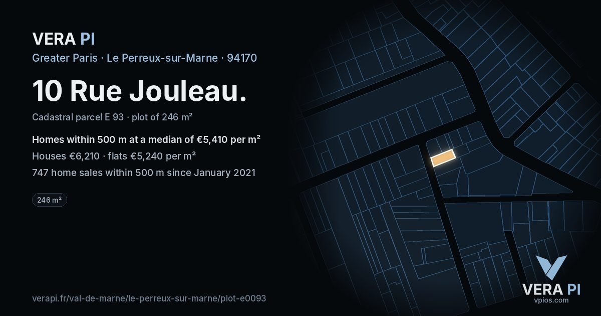 10 Rue Jouleau, Le Perreux-sur-Marne at night – the plot lit, the parcels around coloured by the prices near them