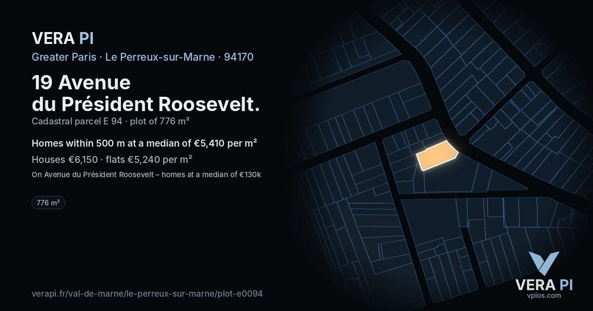 19 Avenue du Président Roosevelt, Le Perreux-sur-Marne at night – the plot lit, the parcels around coloured by the prices near them