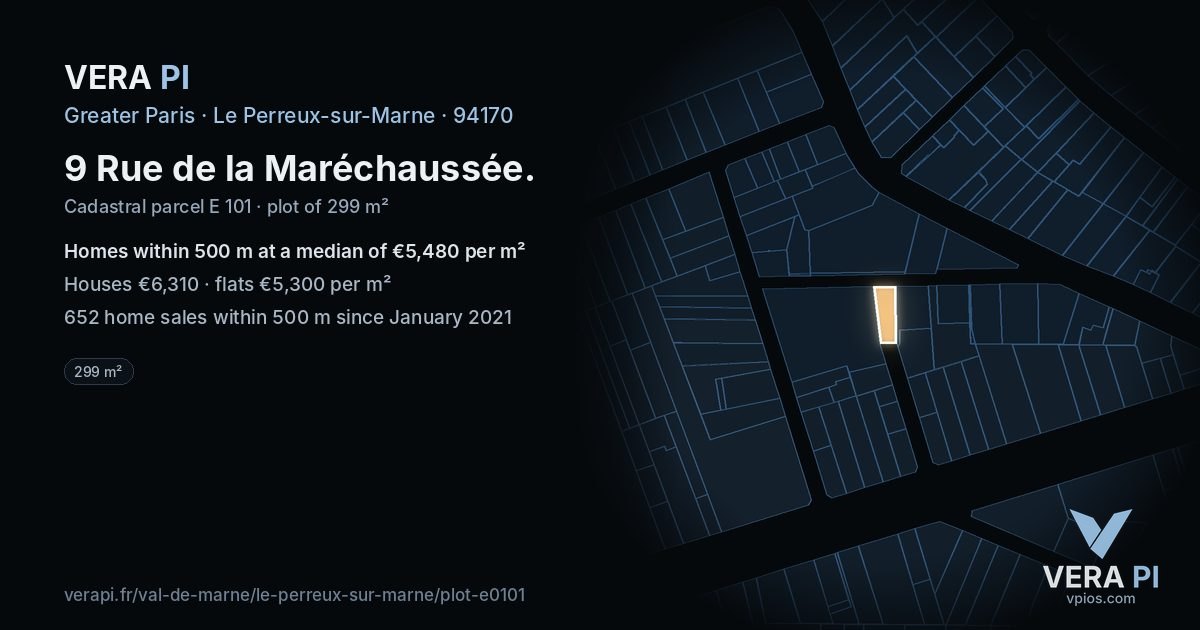 9 Rue de la Maréchaussée, Le Perreux-sur-Marne at night – the plot lit, the parcels around coloured by the prices near them