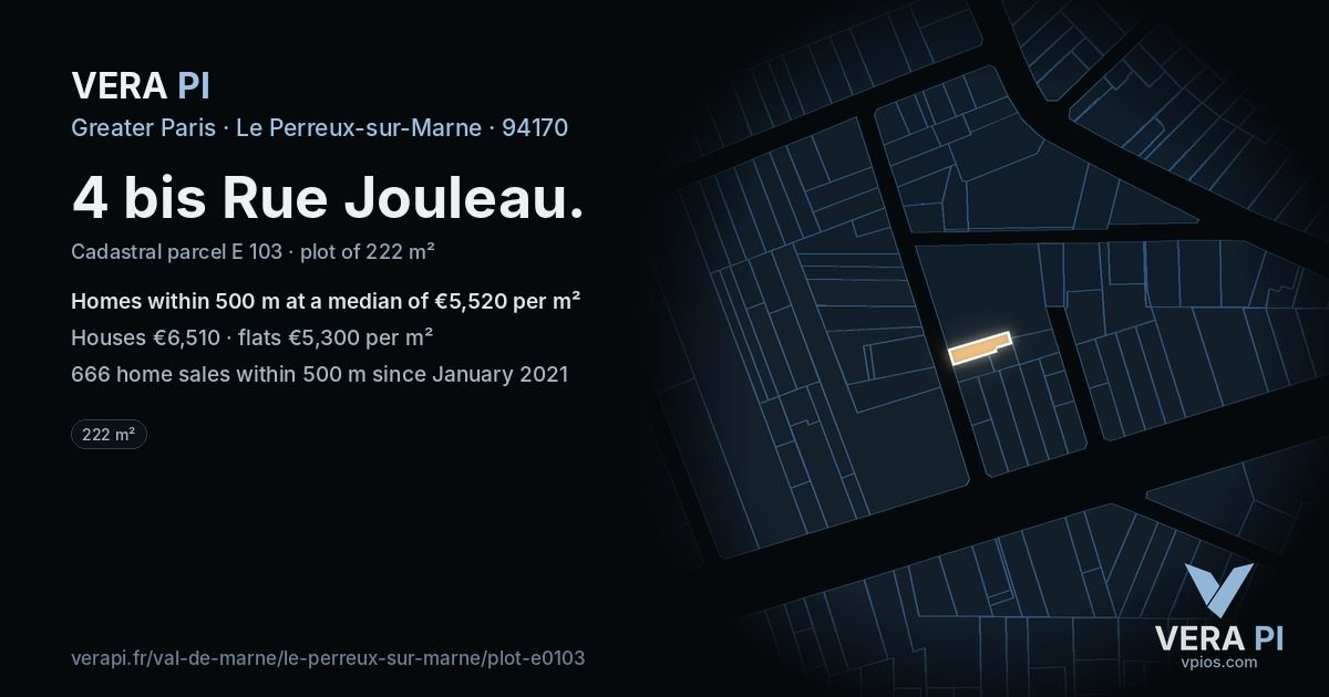 4 bis Rue Jouleau, Le Perreux-sur-Marne at night – the plot lit, the parcels around coloured by the prices near them