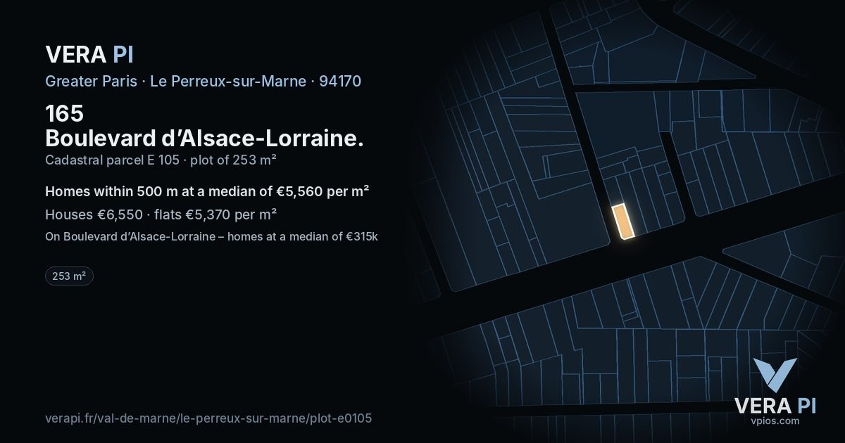 165 Boulevard d’Alsace-Lorraine, Le Perreux-sur-Marne at night – the plot lit, the parcels around coloured by the prices near them