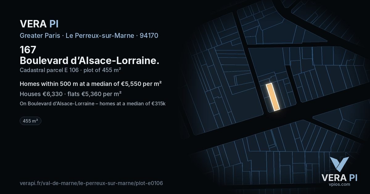 167 Boulevard d’Alsace-Lorraine, Le Perreux-sur-Marne at night – the plot lit, the parcels around coloured by the prices near them