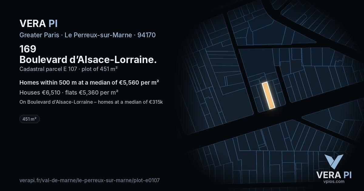 169 Boulevard d’Alsace-Lorraine, Le Perreux-sur-Marne at night – the plot lit, the parcels around coloured by the prices near them