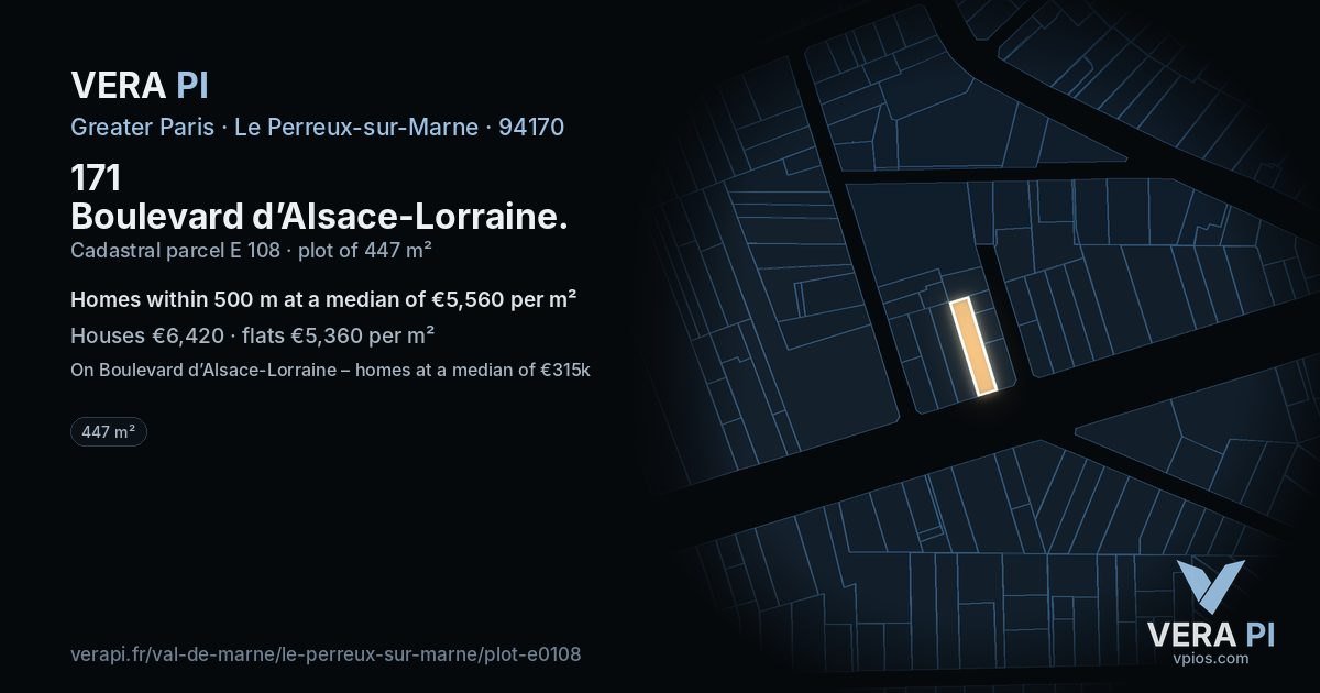 171 Boulevard d’Alsace-Lorraine, Le Perreux-sur-Marne at night – the plot lit, the parcels around coloured by the prices near them