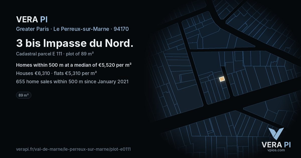 3 bis Impasse du Nord, Le Perreux-sur-Marne at night – the plot lit, the parcels around coloured by the prices near them