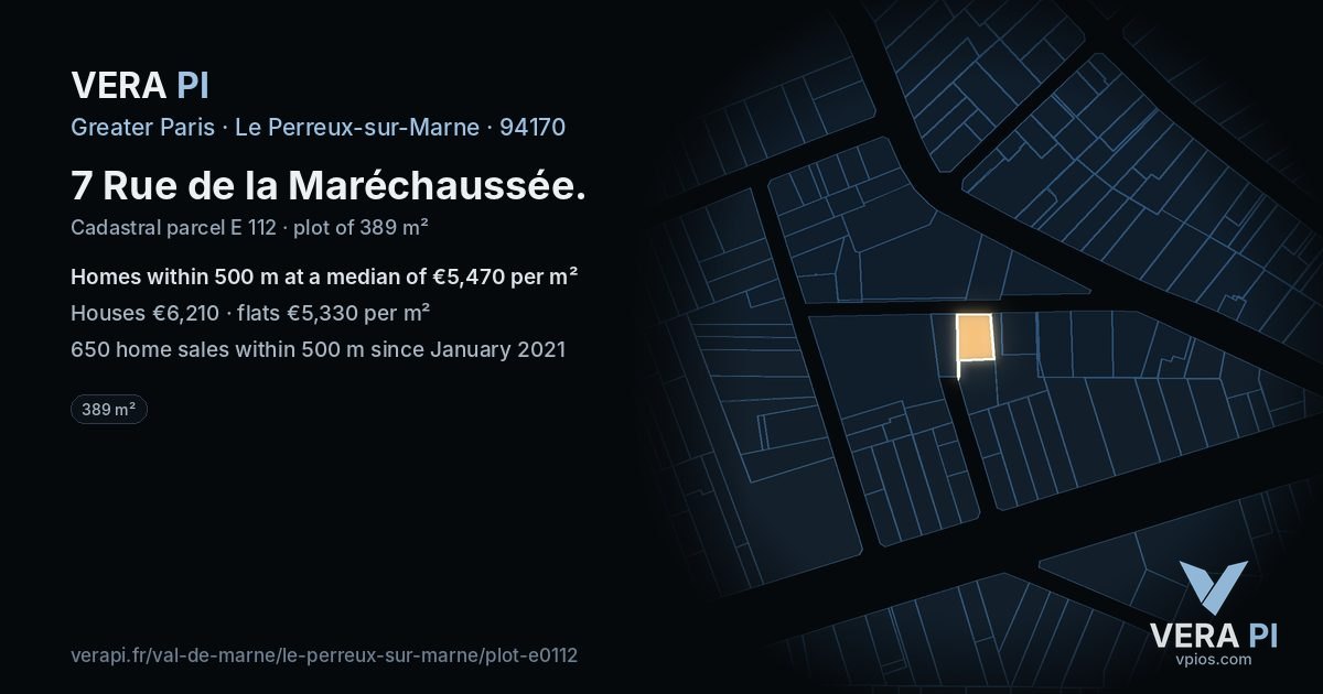 7 Rue de la Maréchaussée, Le Perreux-sur-Marne at night – the plot lit, the parcels around coloured by the prices near them