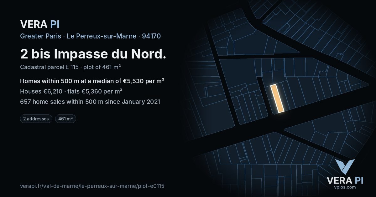 2 bis Impasse du Nord, Le Perreux-sur-Marne at night – the plot lit, the parcels around coloured by the prices near them