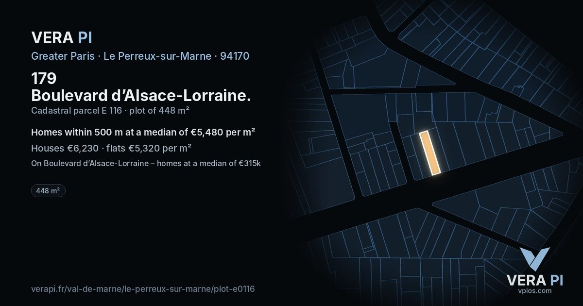 179 Boulevard d’Alsace-Lorraine, Le Perreux-sur-Marne at night – the plot lit, the parcels around coloured by the prices near them