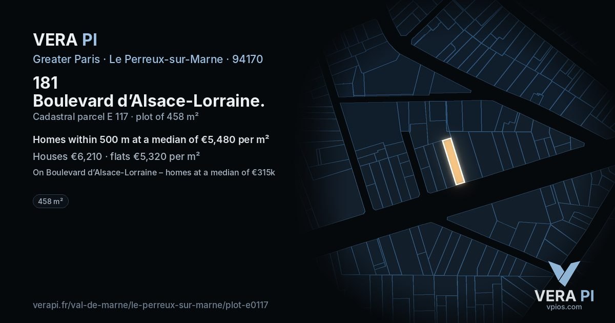 181 Boulevard d’Alsace-Lorraine, Le Perreux-sur-Marne at night – the plot lit, the parcels around coloured by the prices near them