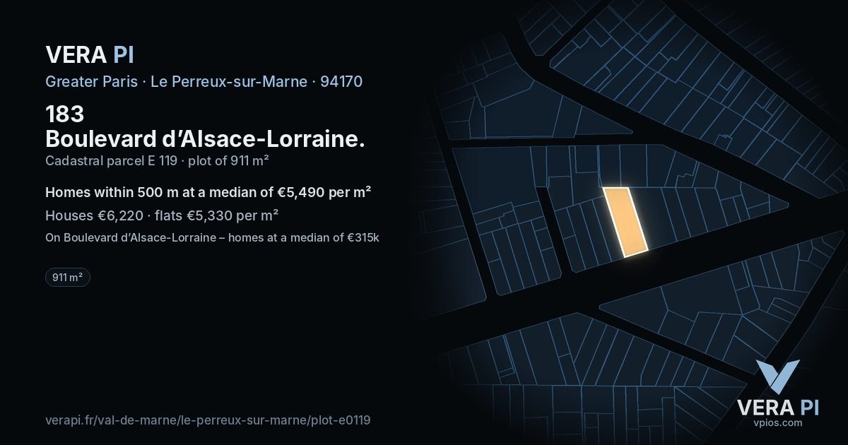 183 Boulevard d’Alsace-Lorraine, Le Perreux-sur-Marne at night – the plot lit, the parcels around coloured by the prices near them