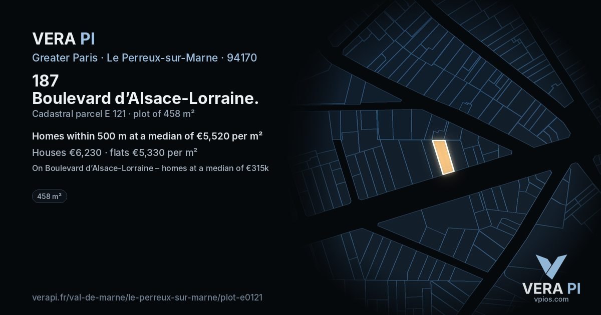 187 Boulevard d’Alsace-Lorraine, Le Perreux-sur-Marne at night – the plot lit, the parcels around coloured by the prices near them