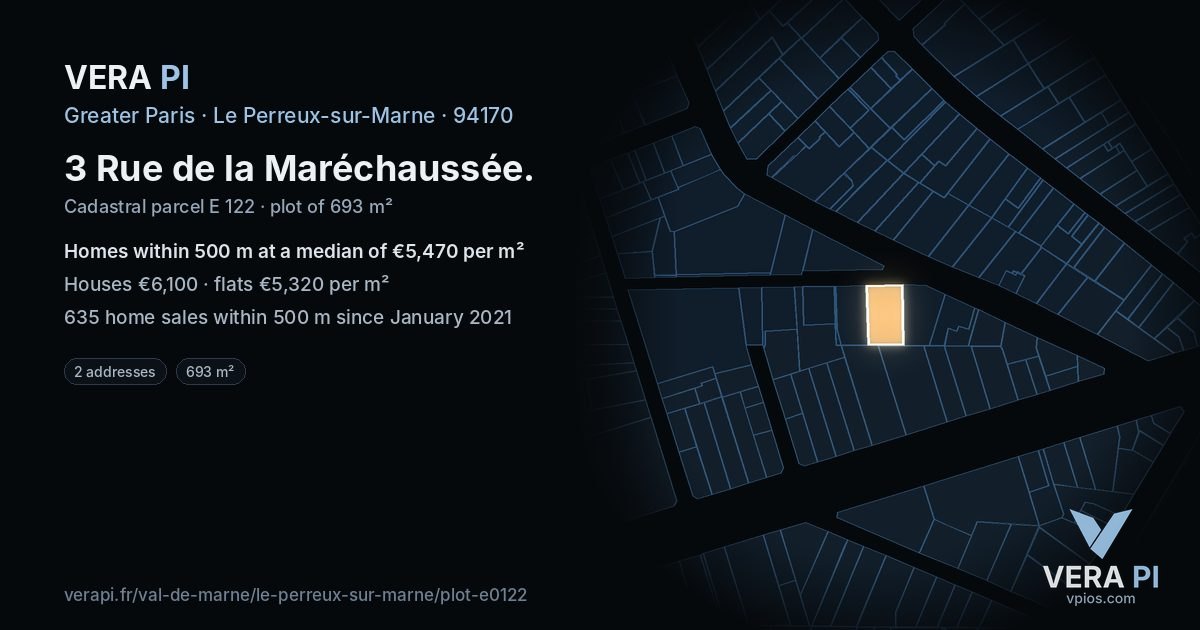 3 Rue de la Maréchaussée, Le Perreux-sur-Marne at night – the plot lit, the parcels around coloured by the prices near them