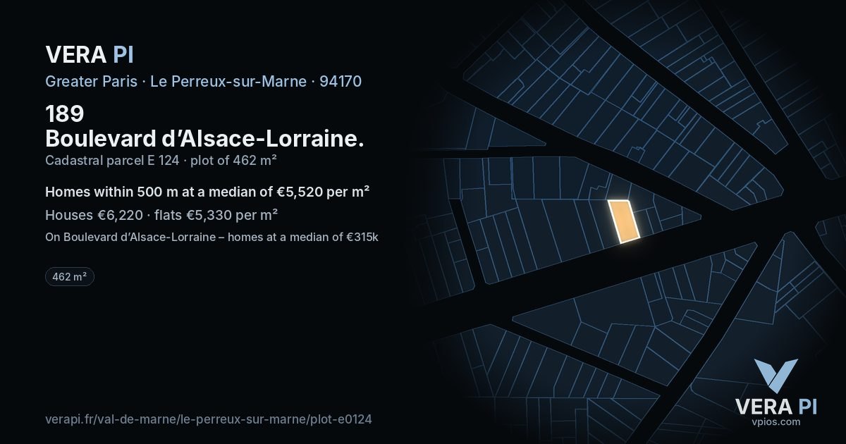 189 Boulevard d’Alsace-Lorraine, Le Perreux-sur-Marne at night – the plot lit, the parcels around coloured by the prices near them