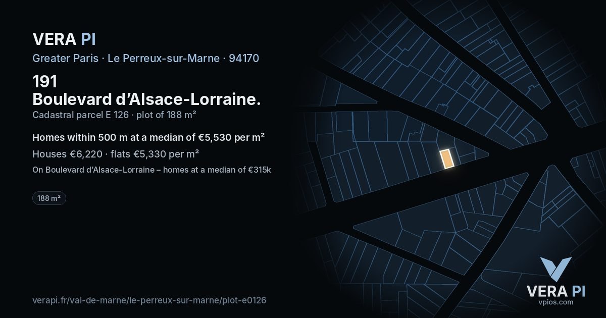 191 Boulevard d’Alsace-Lorraine, Le Perreux-sur-Marne at night – the plot lit, the parcels around coloured by the prices near them