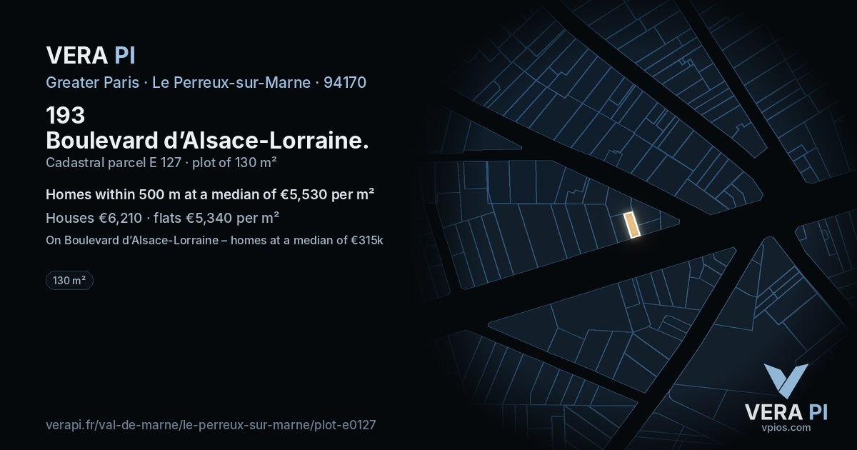 193 Boulevard d’Alsace-Lorraine, Le Perreux-sur-Marne at night – the plot lit, the parcels around coloured by the prices near them