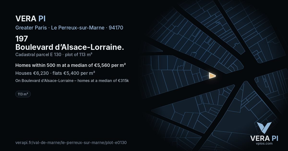 197 Boulevard d’Alsace-Lorraine, Le Perreux-sur-Marne at night – the plot lit, the parcels around coloured by the prices near them