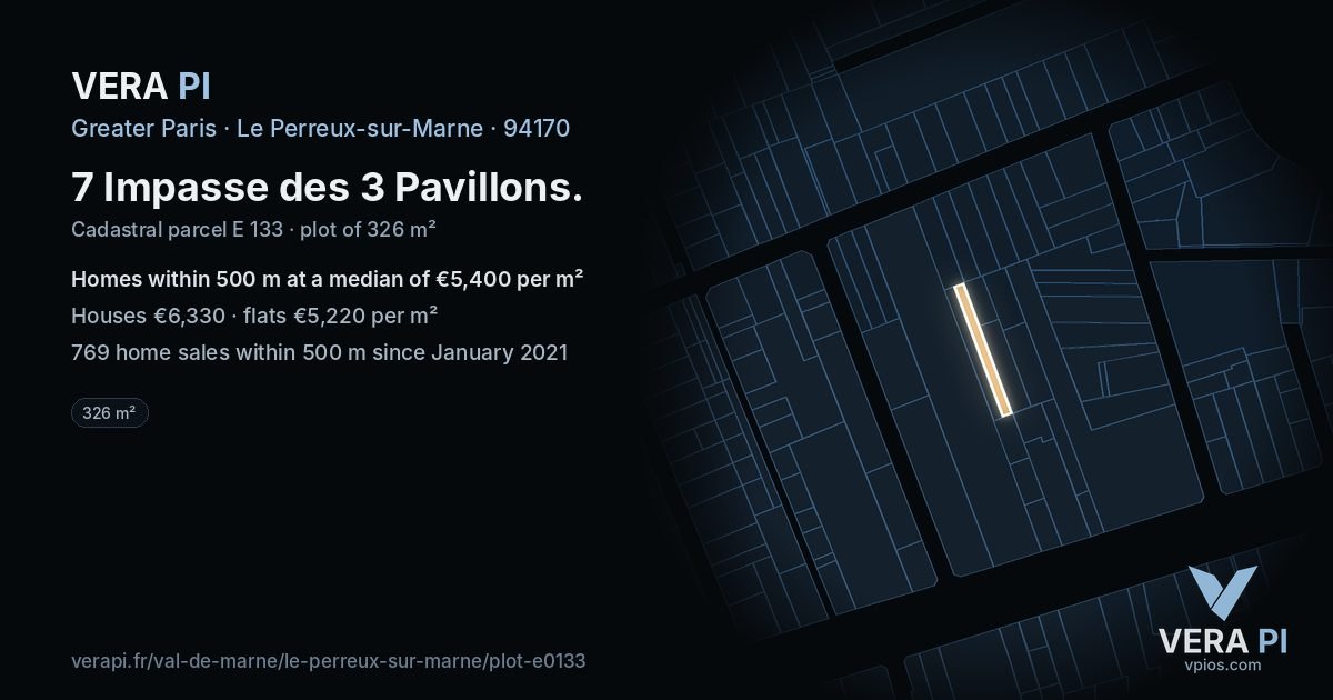 7 Impasse des 3 Pavillons, Le Perreux-sur-Marne at night – the plot lit, the parcels around coloured by the prices near them