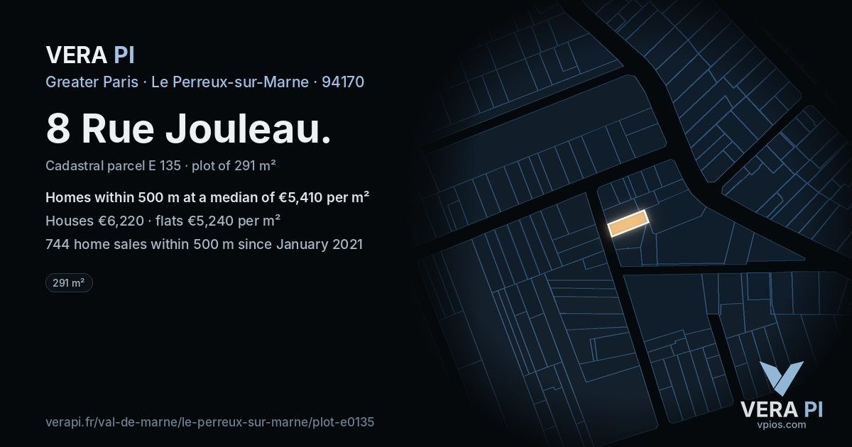8 Rue Jouleau, Le Perreux-sur-Marne at night – the plot lit, the parcels around coloured by the prices near them