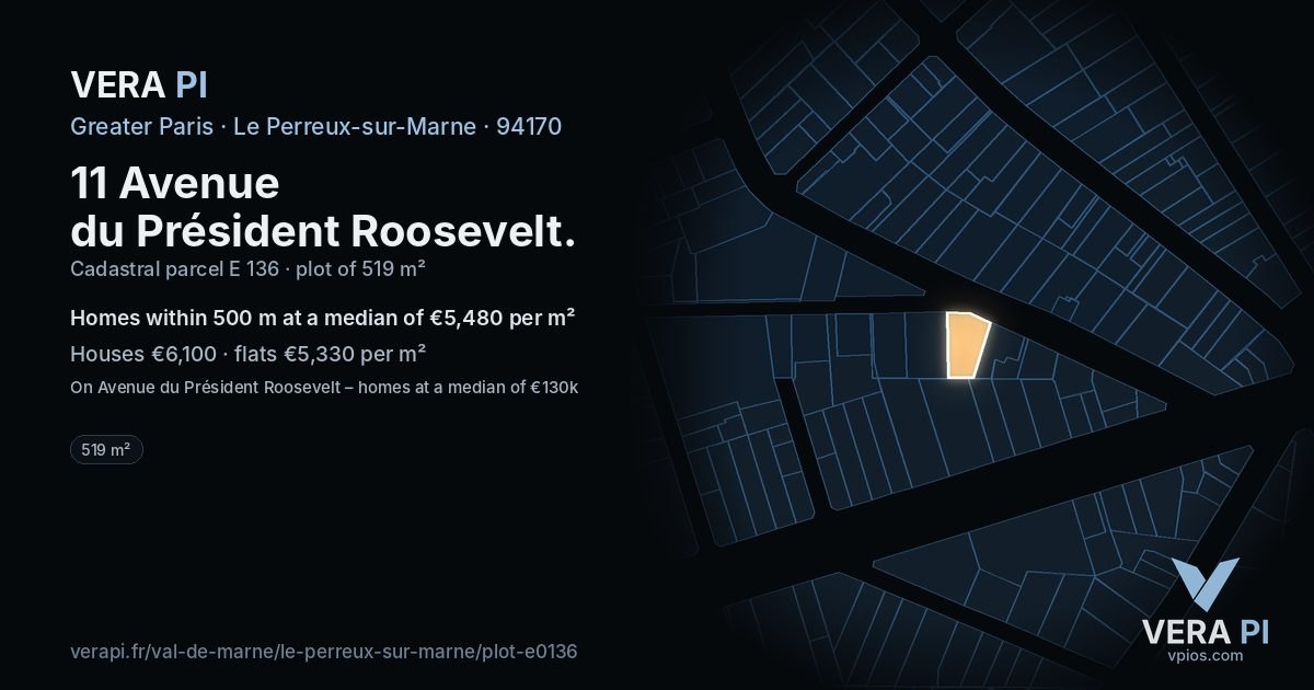 11 Avenue du Président Roosevelt, Le Perreux-sur-Marne at night – the plot lit, the parcels around coloured by the prices near them