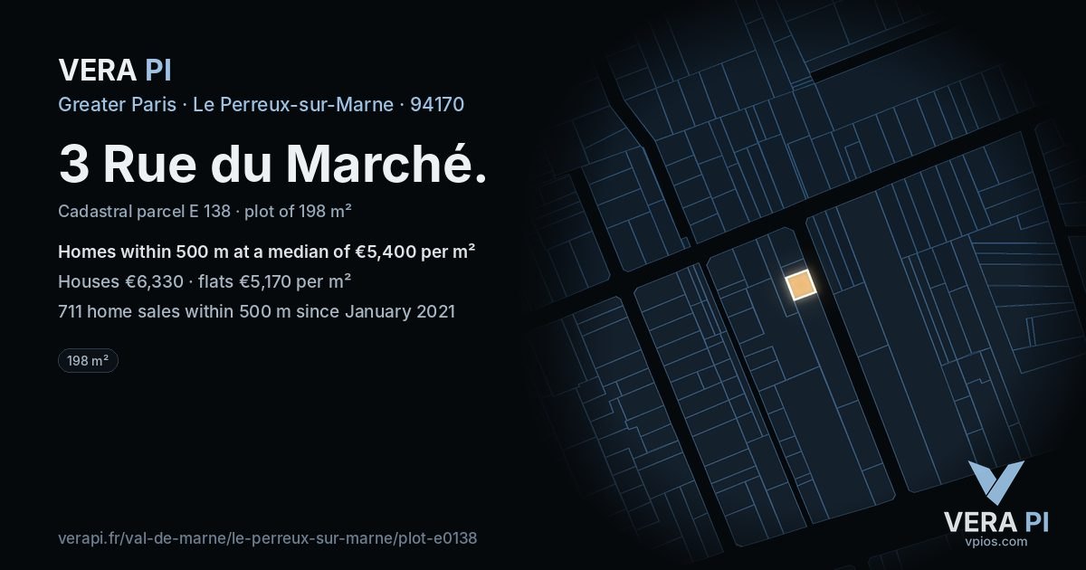 3 Rue du Marché, Le Perreux-sur-Marne at night – the plot lit, the parcels around coloured by the prices near them