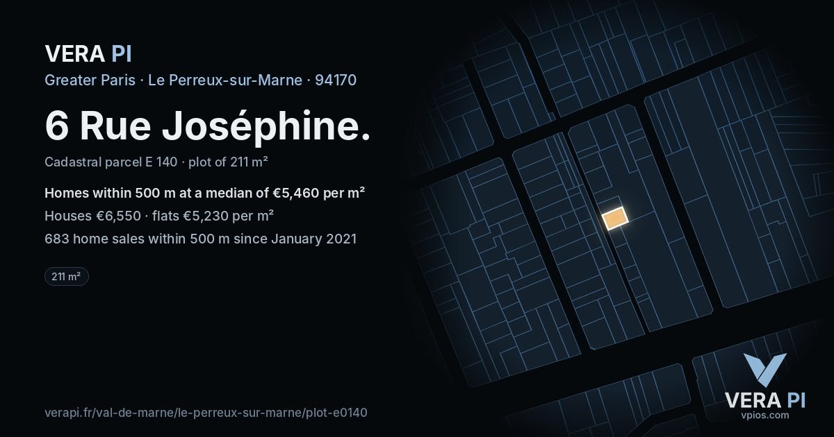 6 Rue Joséphine, Le Perreux-sur-Marne at night – the plot lit, the parcels around coloured by the prices near them