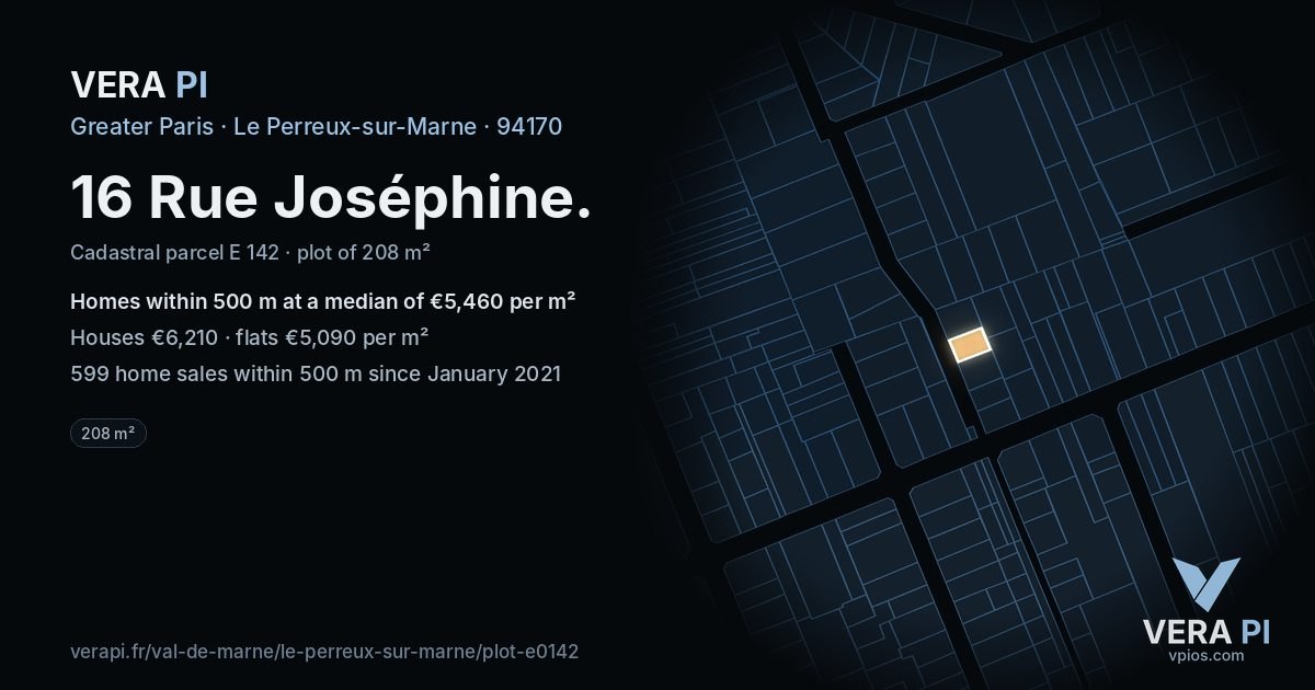 16 Rue Joséphine, Le Perreux-sur-Marne at night – the plot lit, the parcels around coloured by the prices near them
