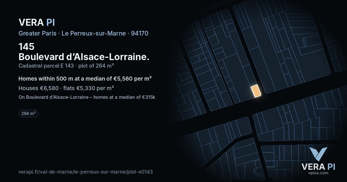 145 Boulevard d’Alsace-Lorraine, Le Perreux-sur-Marne at night – the plot lit, the parcels around coloured by the prices near them