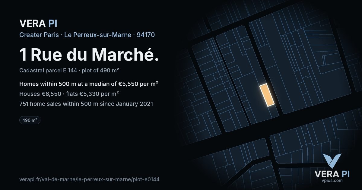 1 Rue du Marché, Le Perreux-sur-Marne at night – the plot lit, the parcels around coloured by the prices near them