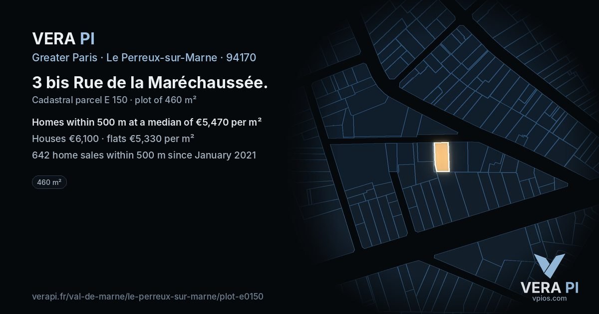 3 bis Rue de la Maréchaussée, Le Perreux-sur-Marne at night – the plot lit, the parcels around coloured by the prices near them