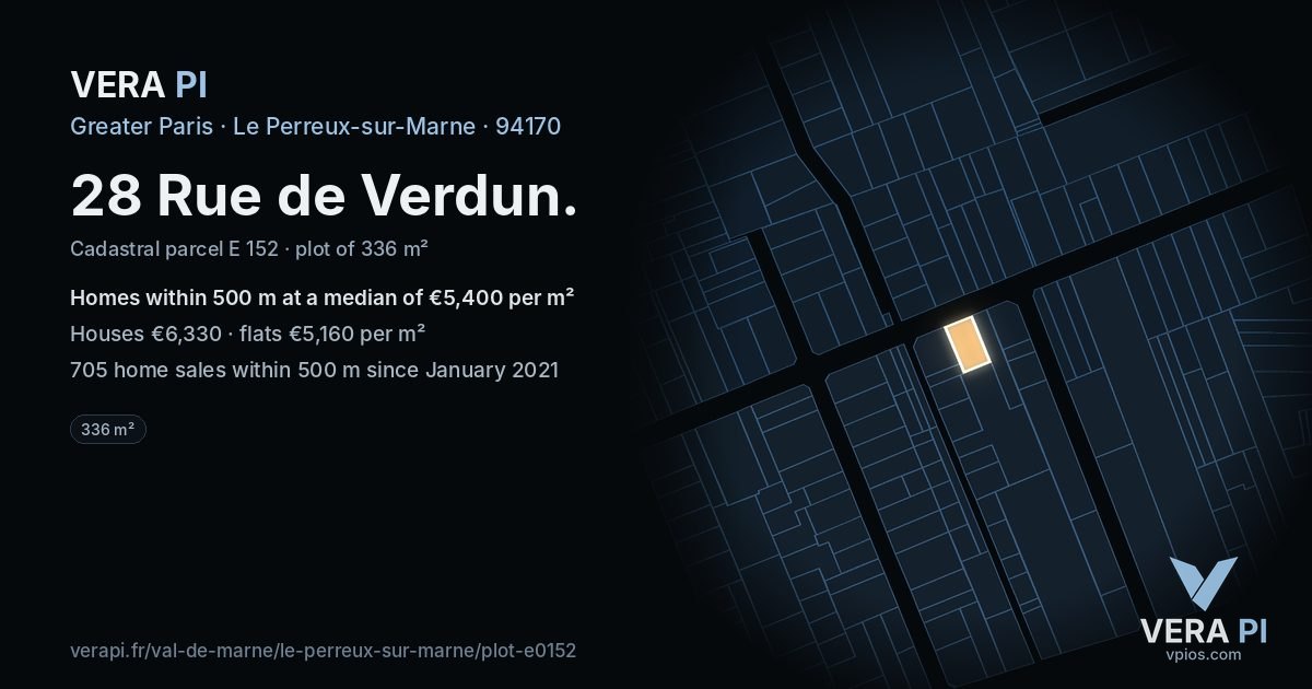 28 Rue de Verdun, Le Perreux-sur-Marne at night – the plot lit, the parcels around coloured by the prices near them