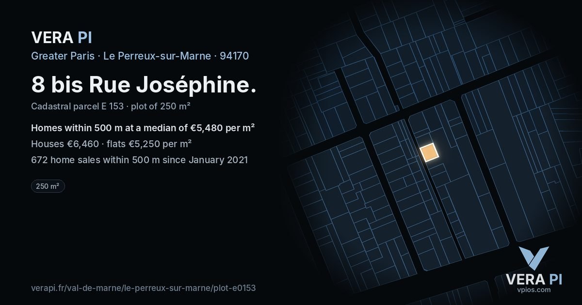 8 bis Rue Joséphine, Le Perreux-sur-Marne at night – the plot lit, the parcels around coloured by the prices near them