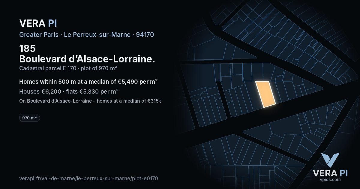 185 Boulevard d’Alsace-Lorraine, Le Perreux-sur-Marne at night – the plot lit, the parcels around coloured by the prices near them