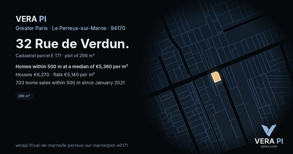 32 Rue de Verdun, Le Perreux-sur-Marne at night – the plot lit, the parcels around coloured by the prices near them