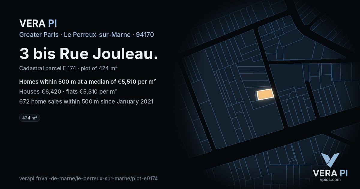 3 bis Rue Jouleau, Le Perreux-sur-Marne at night – the plot lit, the parcels around coloured by the prices near them