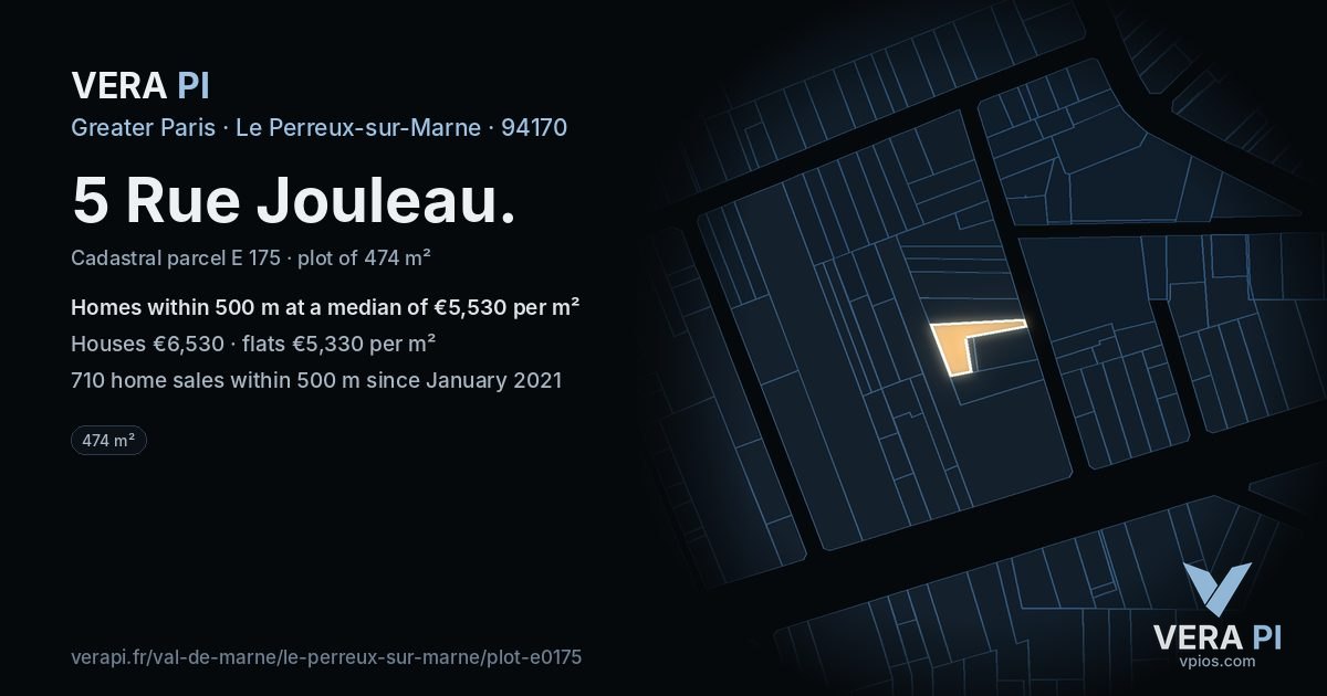 5 Rue Jouleau, Le Perreux-sur-Marne at night – the plot lit, the parcels around coloured by the prices near them