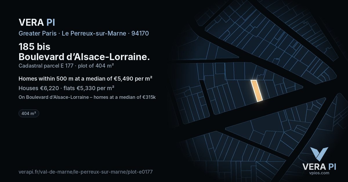 185 bis Boulevard d’Alsace-Lorraine, Le Perreux-sur-Marne at night – the plot lit, the parcels around coloured by the prices near them