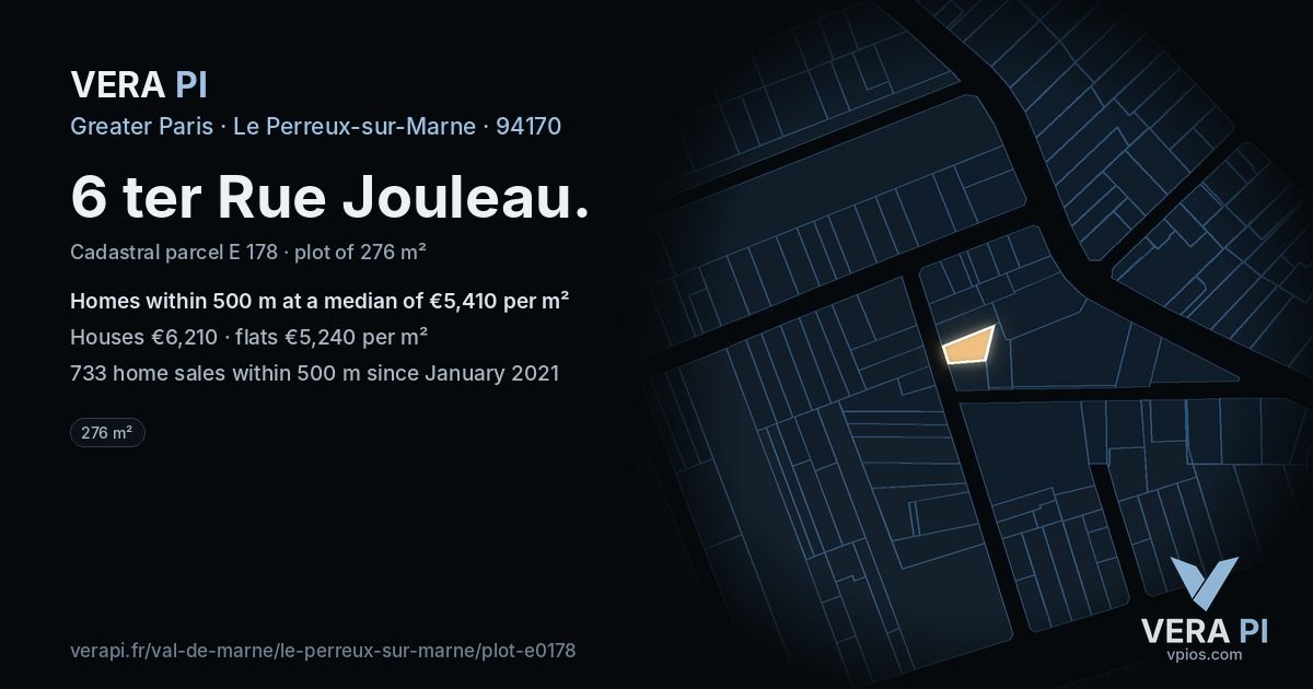 6 ter Rue Jouleau, Le Perreux-sur-Marne at night – the plot lit, the parcels around coloured by the prices near them