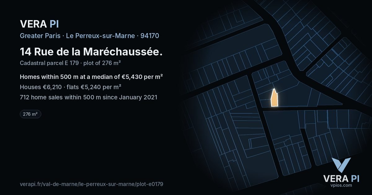 14 Rue de la Maréchaussée, Le Perreux-sur-Marne at night – the plot lit, the parcels around coloured by the prices near them