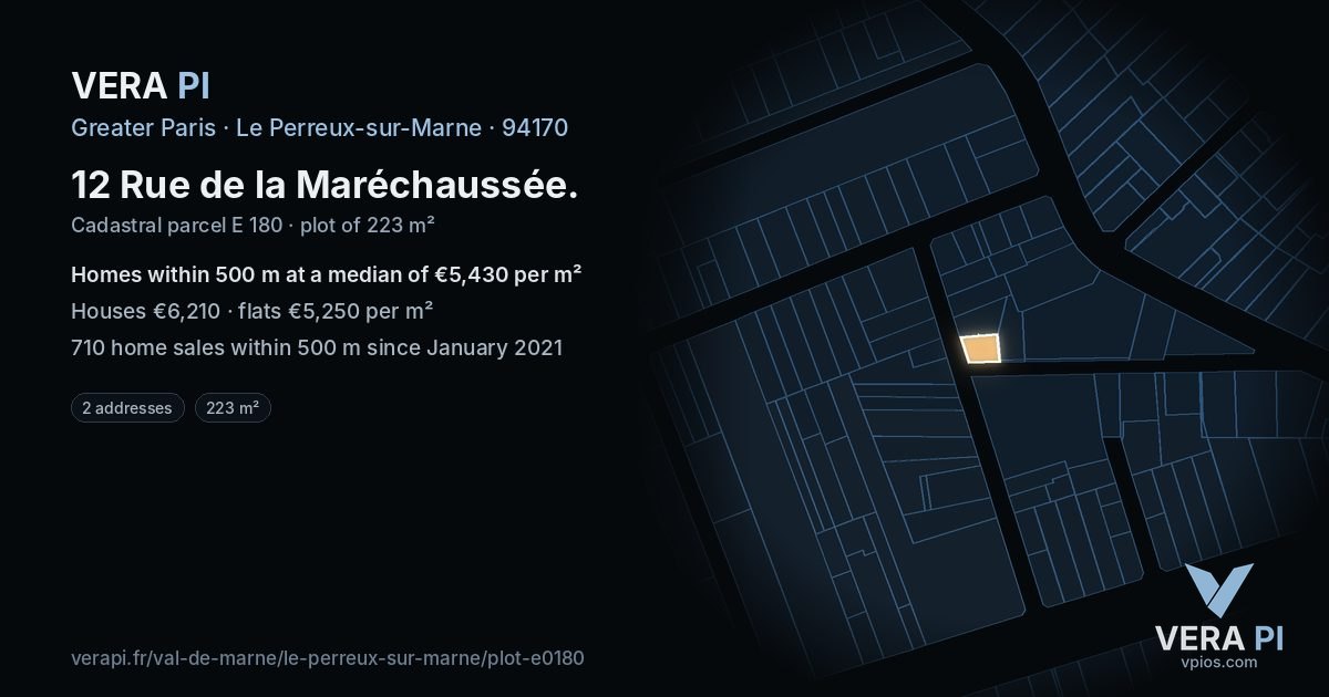 12 Rue de la Maréchaussée, Le Perreux-sur-Marne at night – the plot lit, the parcels around coloured by the prices near them