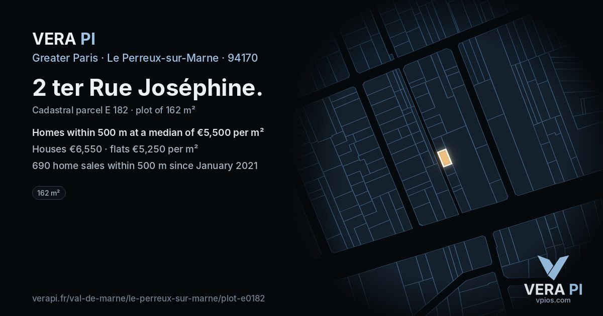 2 ter Rue Joséphine, Le Perreux-sur-Marne at night – the plot lit, the parcels around coloured by the prices near them
