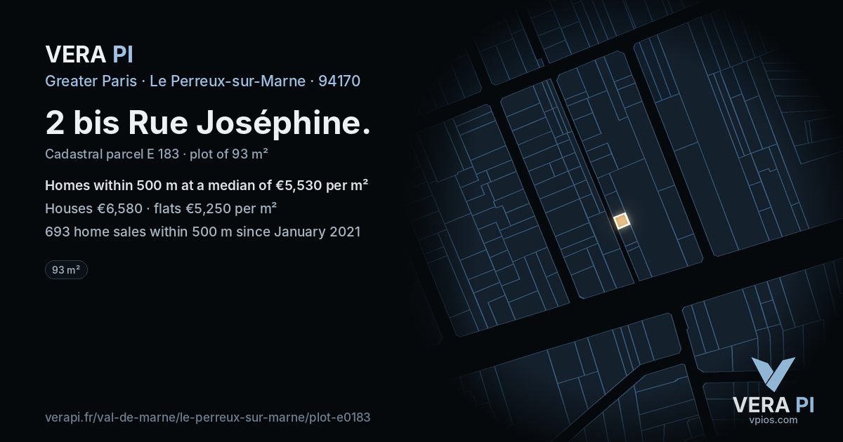 2 bis Rue Joséphine, Le Perreux-sur-Marne at night – the plot lit, the parcels around coloured by the prices near them
